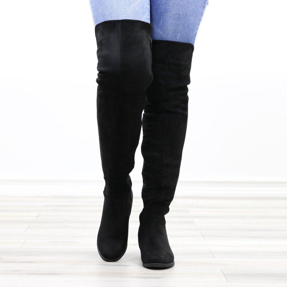 Thigh High Suede & Stretchy Material Low Heel Boot - Picture 12 of 14